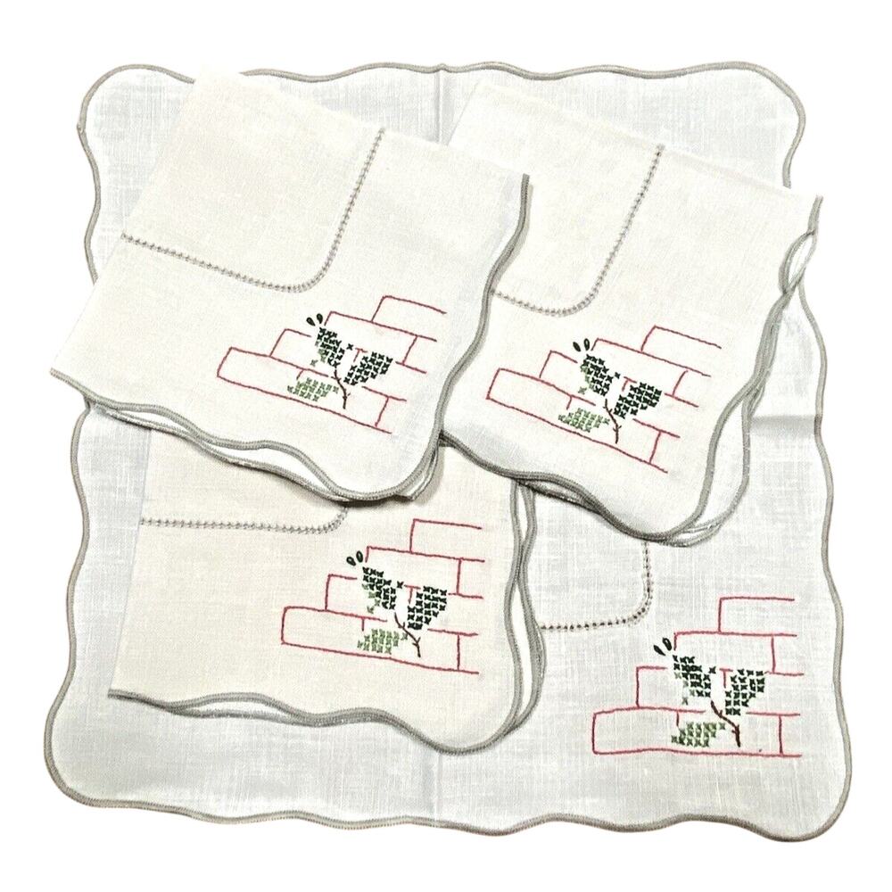 Vintage Linen Cocktail Napkins Set of 4 Embroidery Corners Art Deco 12" Square